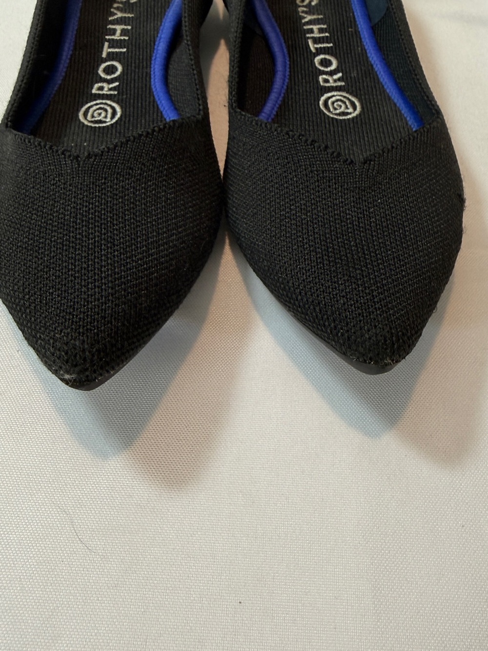 Rothy's Women's Black Pointed Knit Flats with Blue Trim - Picture 2 of 4